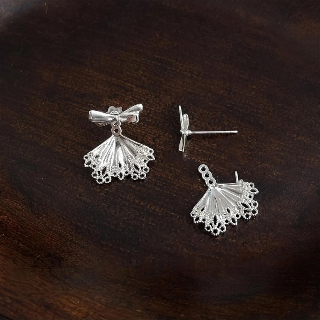 Sweet Korean Silver Bow Copper Drop Earrings 2 Way Ballet Girl Light Luxury Stud Earrings
