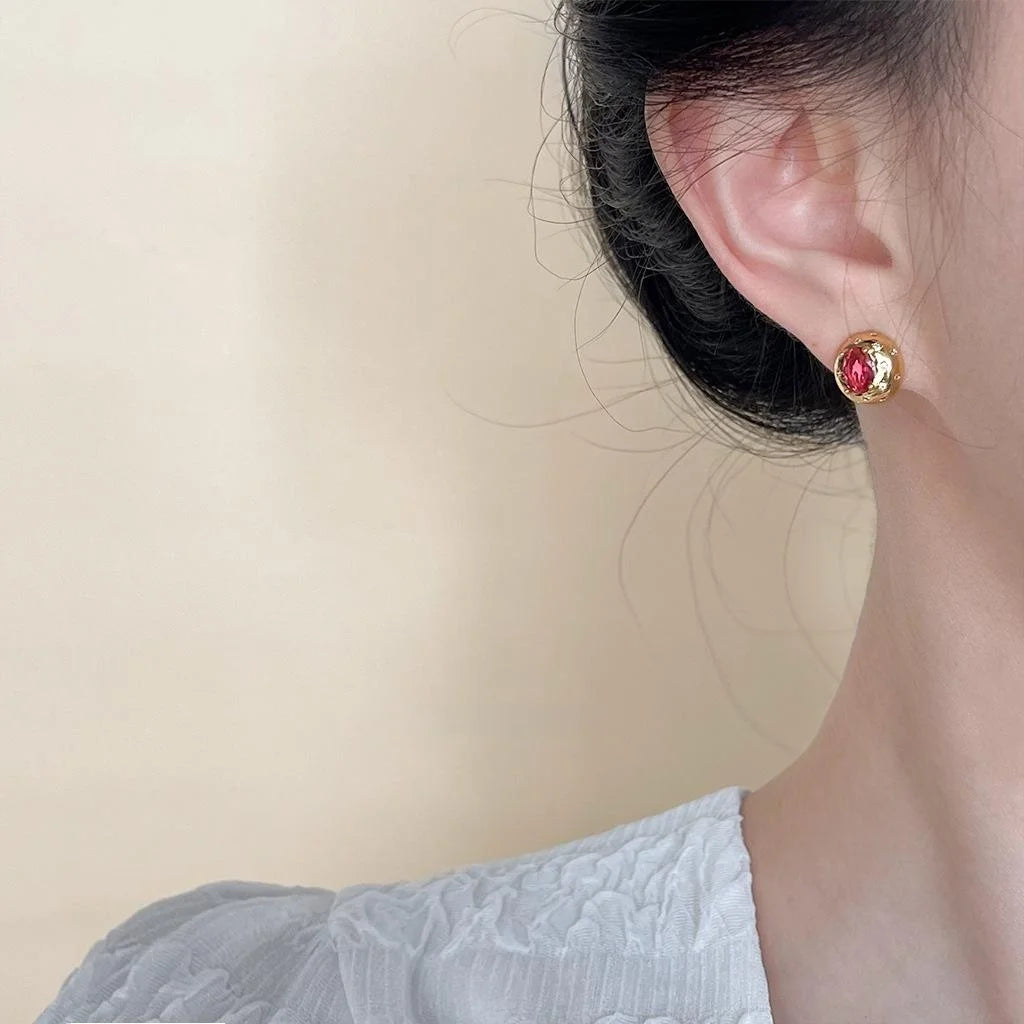 14K Plated Copper Rose Red Zircon Stud Earrings French Vintage Court Geometric Oval Design