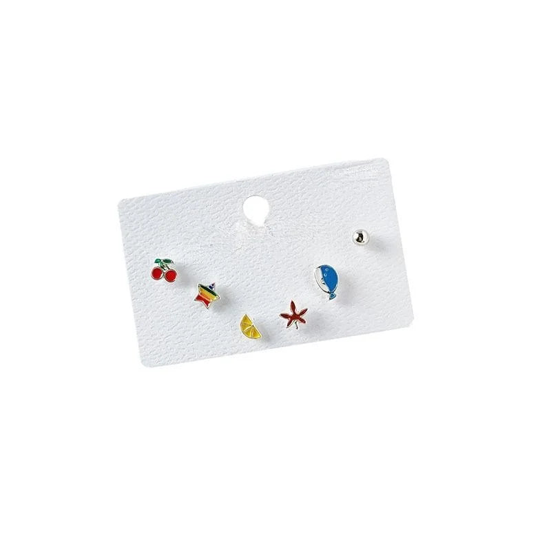 6-Piece Mini Enamel Cherry Stud Earrings, Silver-Plated Copper Cute Fruit Jewelry