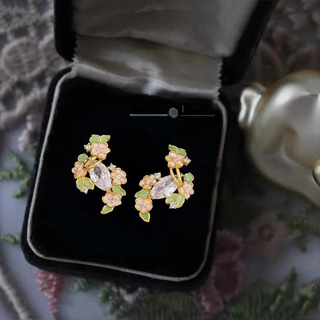 Original Floral Copper Zircon Stud Earrings Sweet Elegant Niche Designer Jewelry