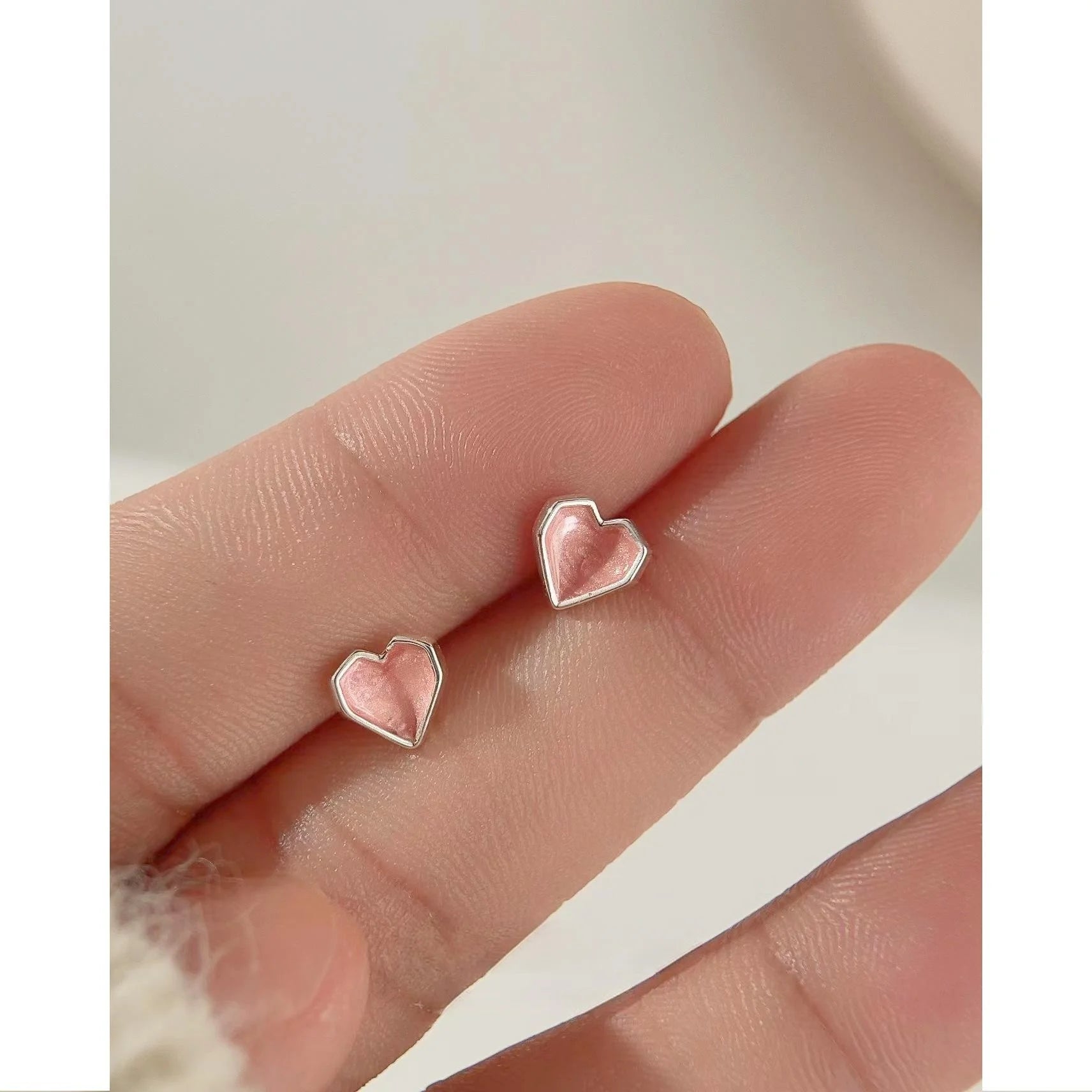 Mini Pink Enamel Heart Stud Earrings Silver Plated Copper Sweet Minimalist Jewelry