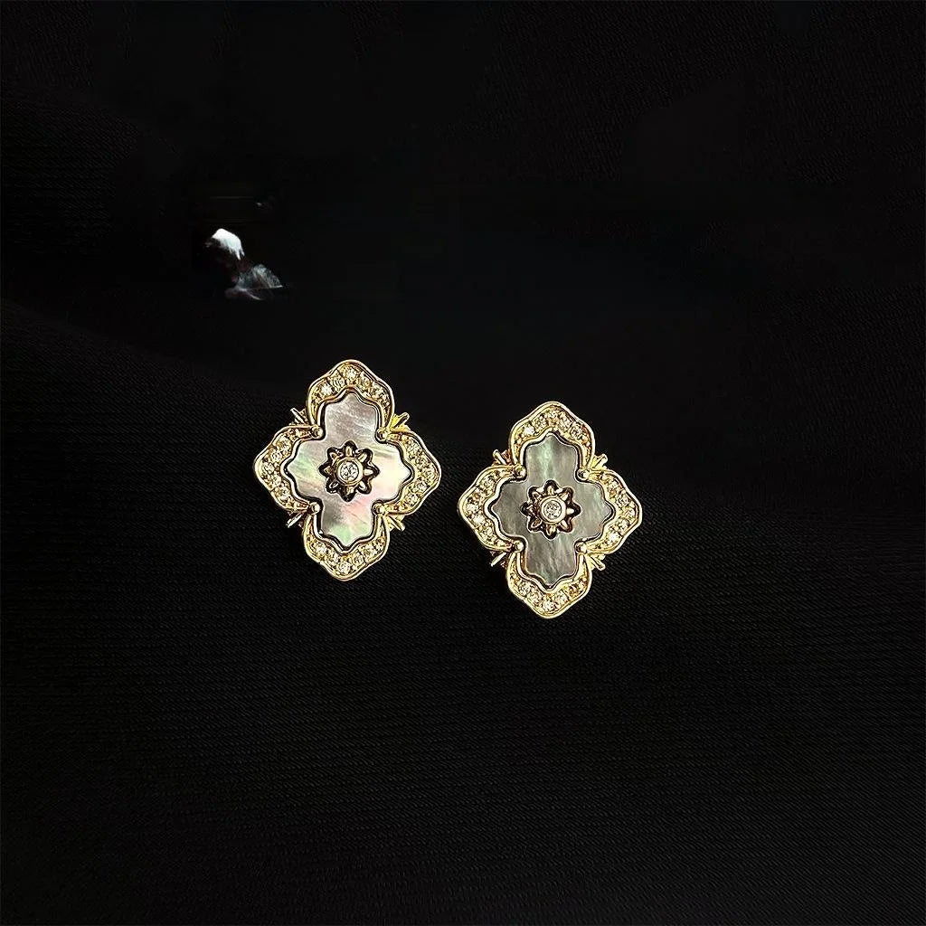 French Vintage Real Shell Cross Stud Earrings With Micro Pave Zircon 14K Plated