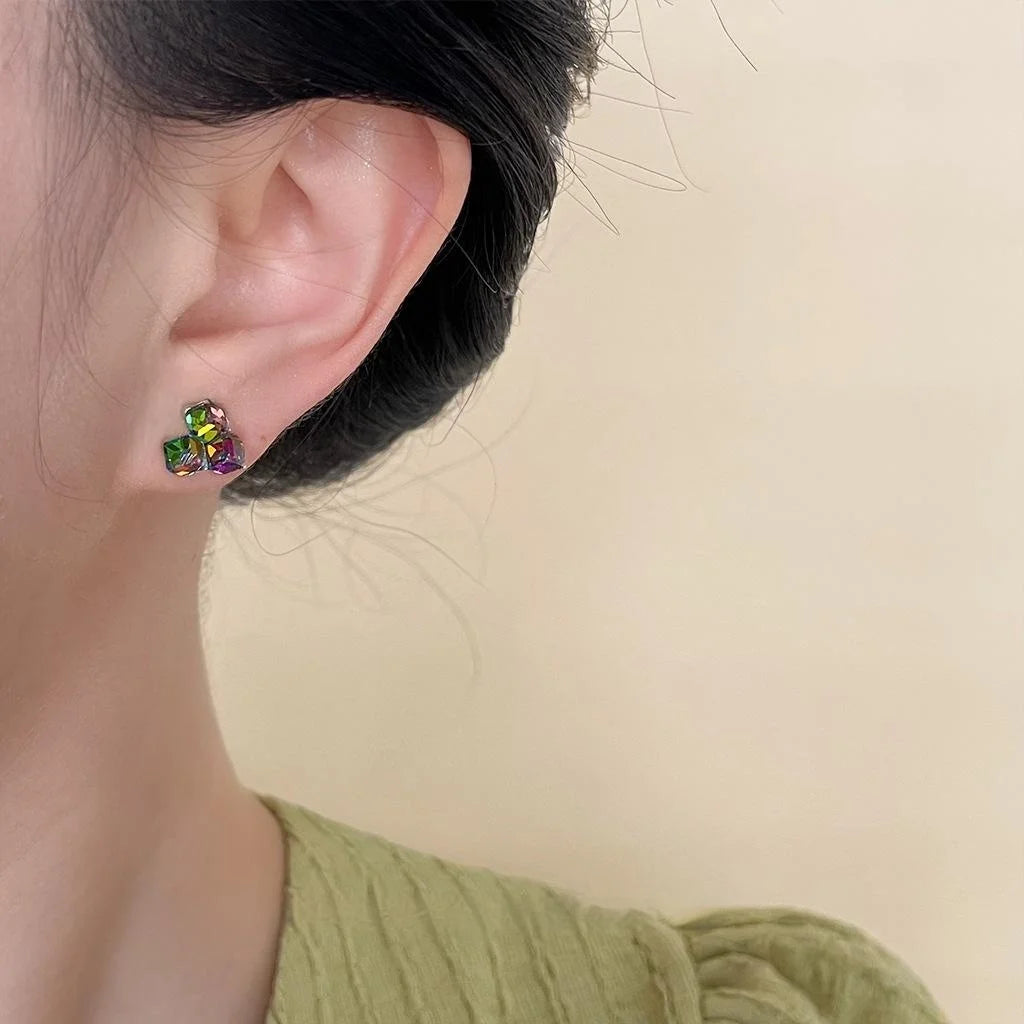 Iridescent Glass Crystal Cube Stud Earrings Geometric Light Luxury Unique Jewelry