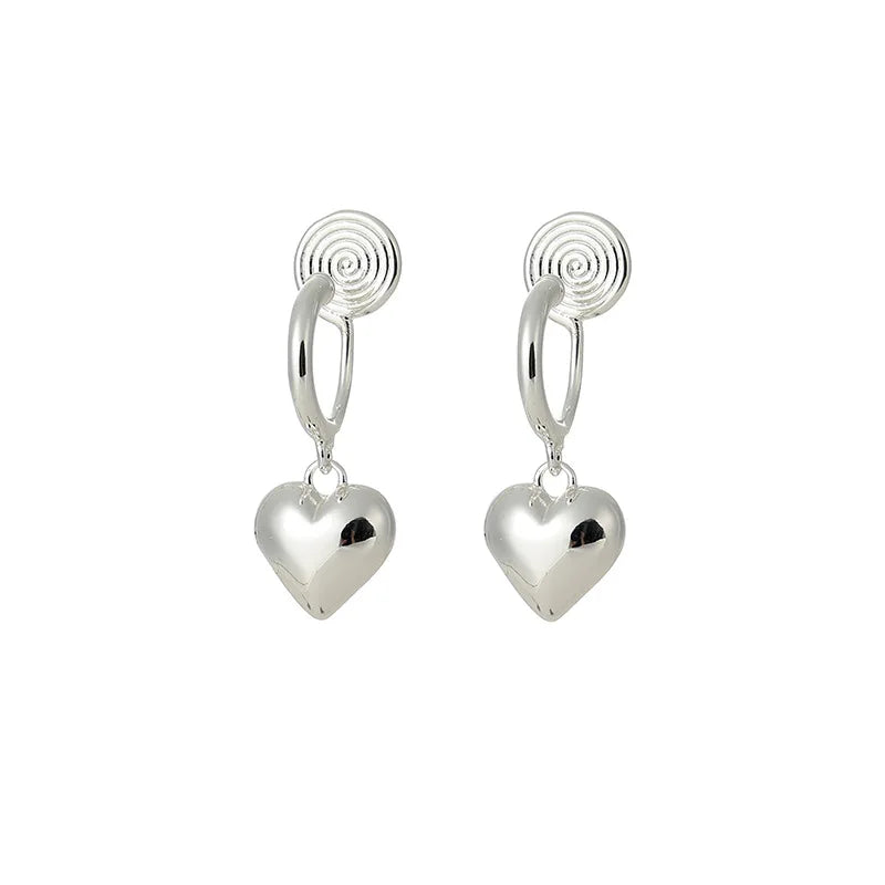 Elegant Smooth Silver Alloy Puffy Heart Drop Stud & Clip On No Piercing Versatile Fashion Earrings