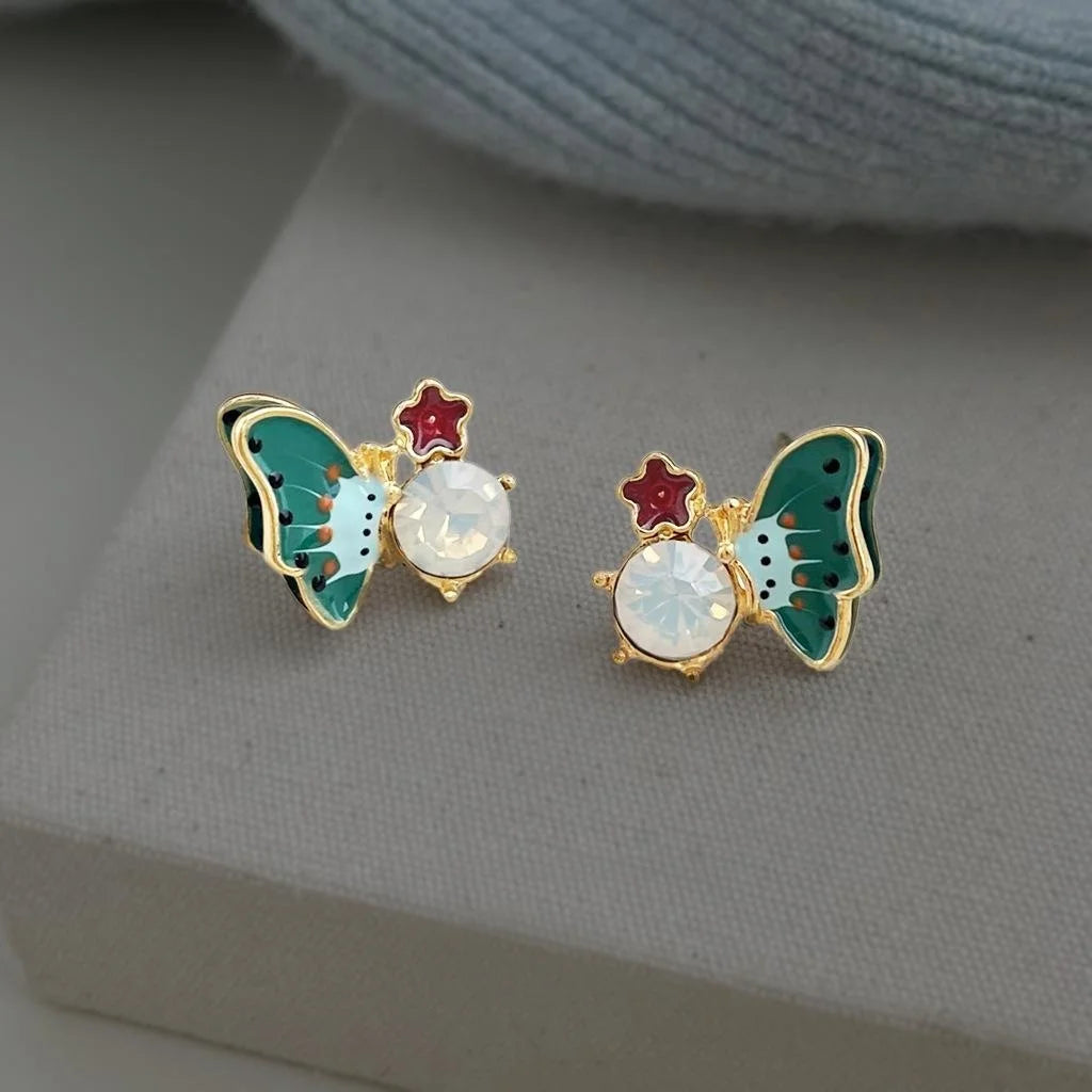 Hand Painted Enamel Butterfly Stud Earrings Eco-Friendly Copper Alloy Forest Fairy Jewelry