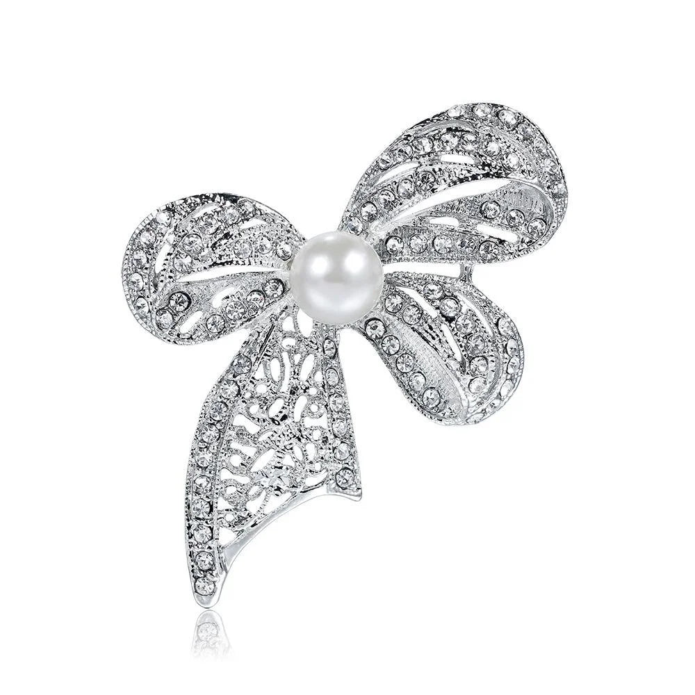 Elegant Rhinestone Bow Brooch With White Pearl Center, Plated Alloy Lapel Pin Corsage Suit Accessory Gift