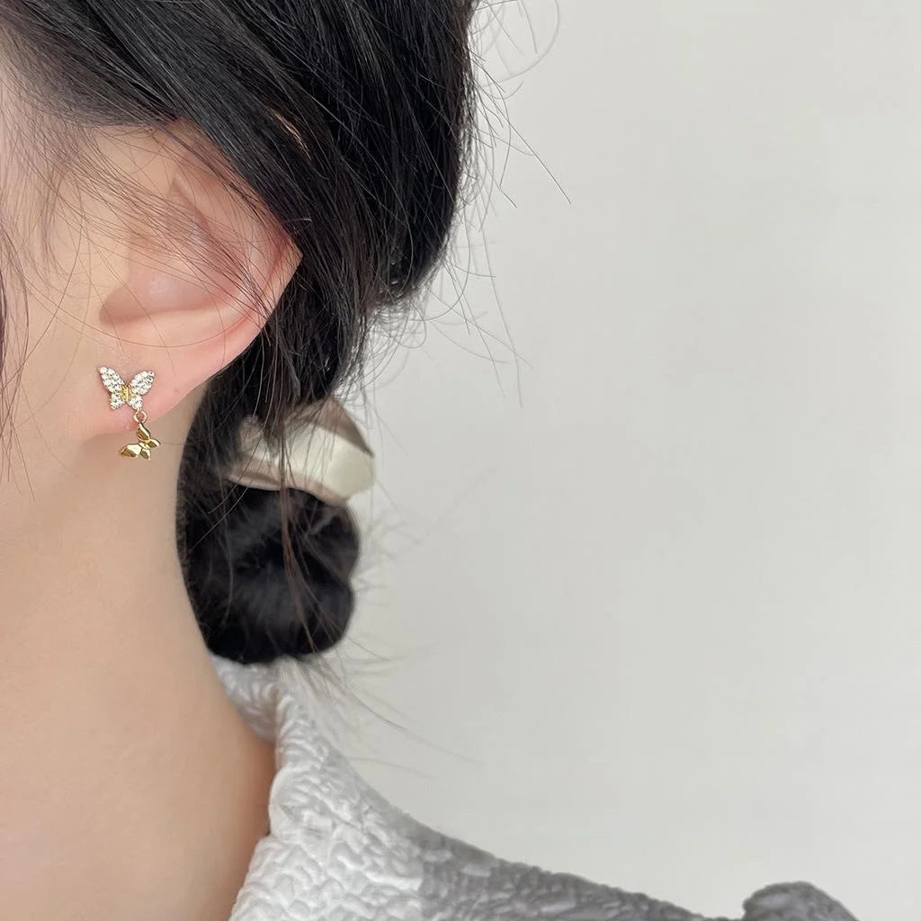 Elegant Copper Micro Pave Zircon Butterfly Stud Earrings, Minimalist Sweet Animal Jewelry