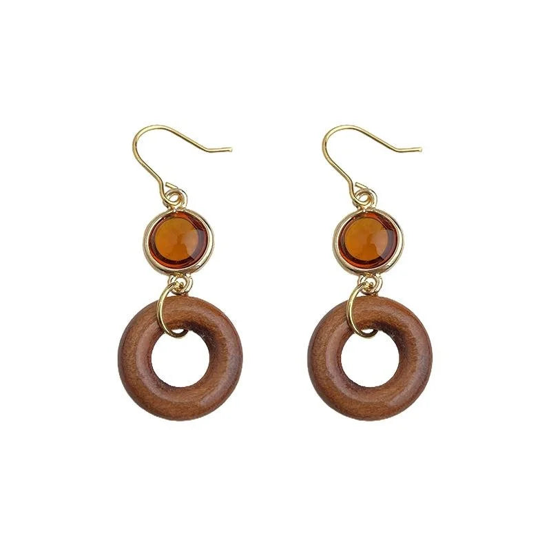 Handmade Ethnic Vintage Wooden Hollow Glass Crystal Peace Buckle Drop Earrings