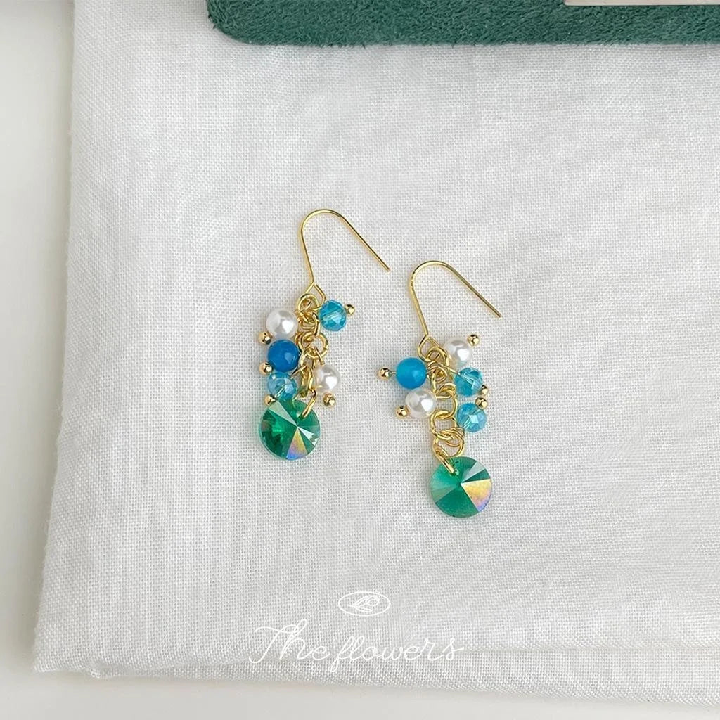 Vacation Style Ocean Blue Glass Crystal Agate Pearl Geometric Round Drop Earrings