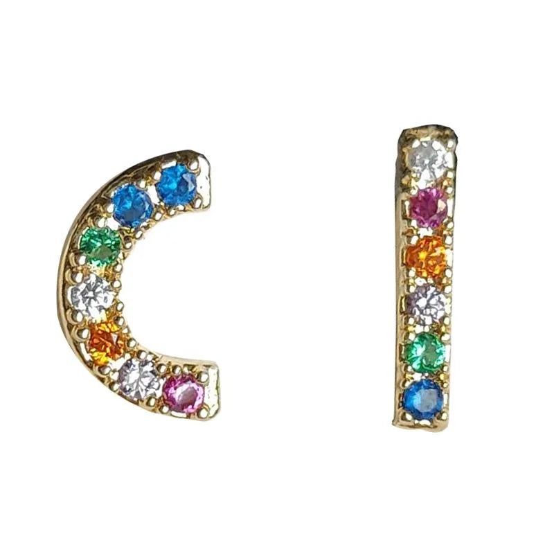 Versatile Copper Asymmetric Geometric Micro Pave Zircon Colorful Stud Earrings For Women