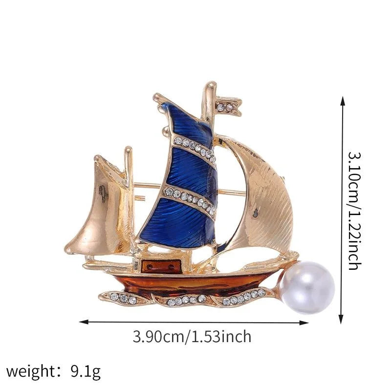 Elegant Sailboat Brooch Alloy Red Enamel Rhinestone Mother Of Pearl Lapel Pin Corsage Suit Accessory Gift