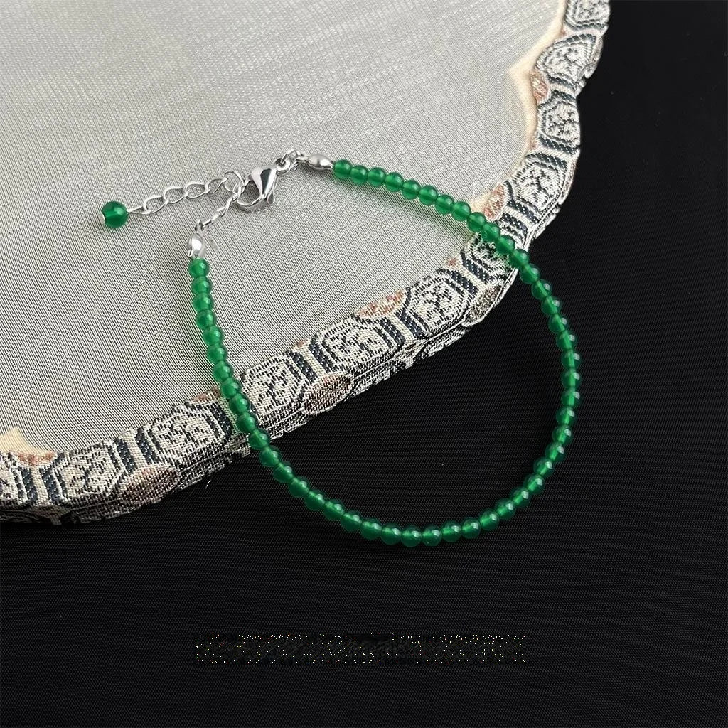 Natural Green Chalcedony Beaded Bracelet New Chinese Geometric Round Vintage Jewelry