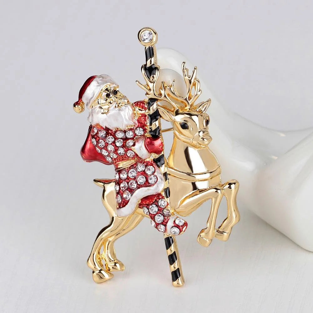 Luxury Christmas Santa Claus And Reindeer Rhinestone Enamel Alloy Brooch, Festive Lapel Pin Corsage Gift
