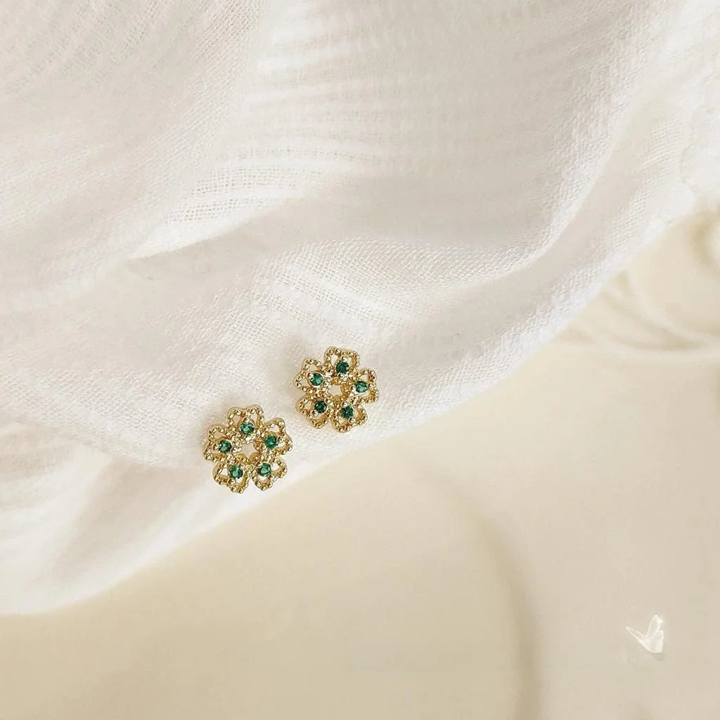 Mini Micro Pave Zircon Five Petal Flower Copper Stud Earrings With 14K Plated