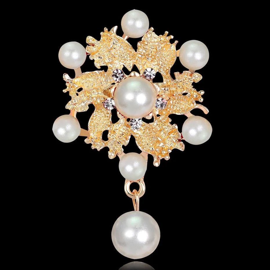 Elegant Pearl Snowflake Flower Alloy Rhinestone Brooch Lapel Pin For Women Suit Accessory Gift