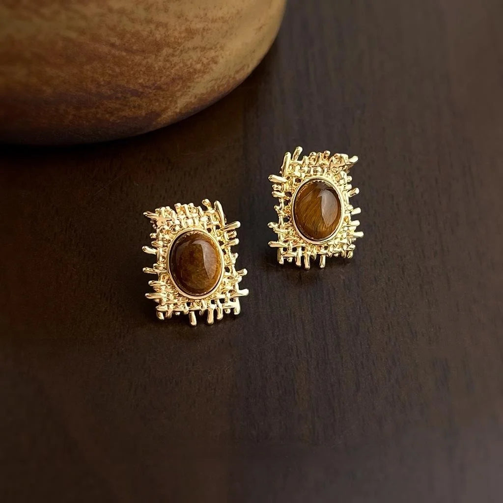 Maillard Style Tiger Eye Natural Stone Geometric Oval Mesh Drop Earrings For Women
