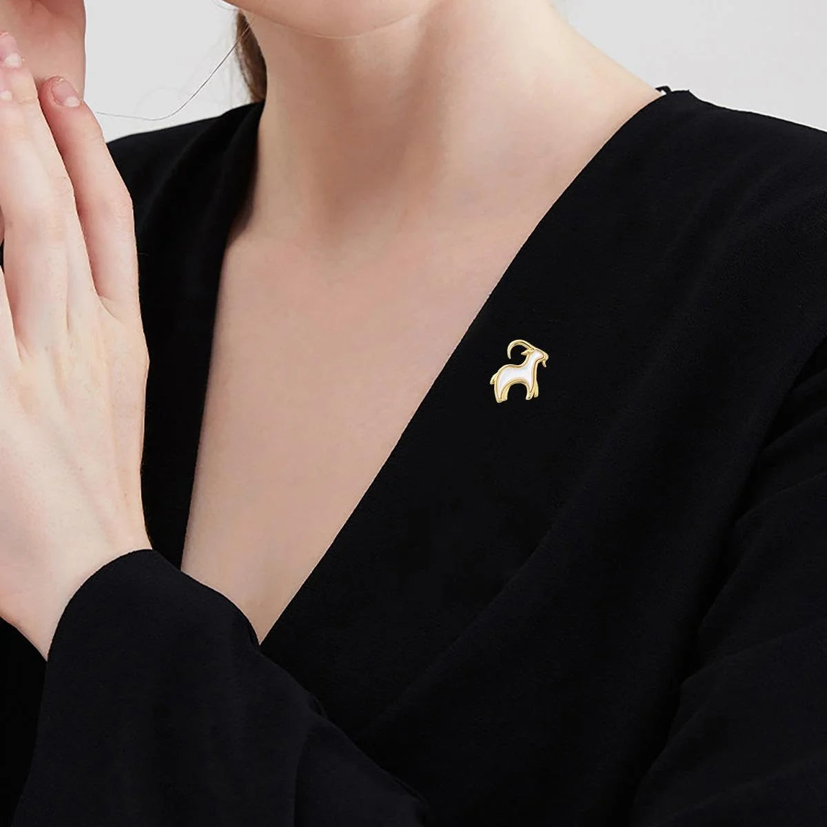 Elegant Zodiac Goat Brooch With Mother Of Pearl Inlay, Gold Tone Alloy Lapel Pin Corsage Gift