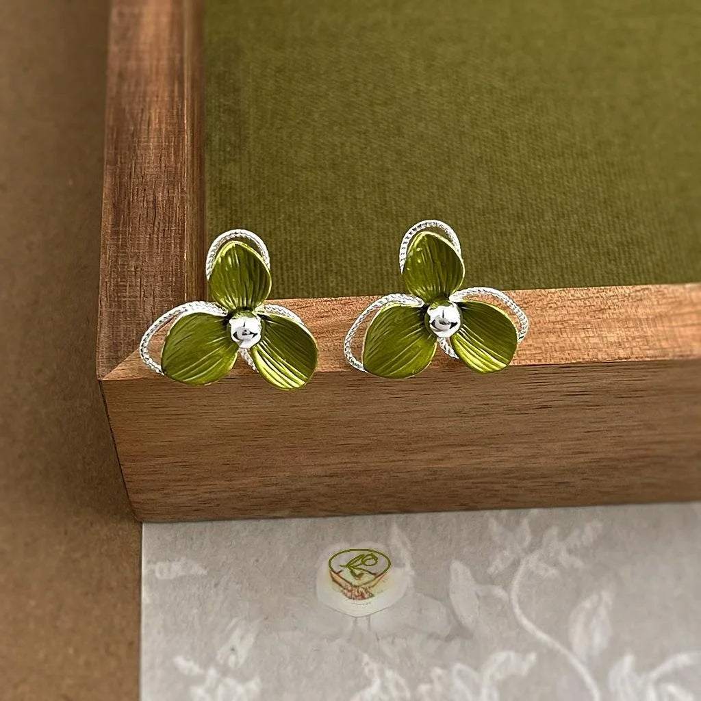 Fresh Green Flower Stud Earrings Silver Plated Copper Leaf Floral Elegant Jewelry