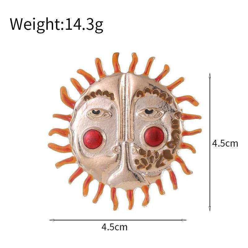 Vintage Baroque Sun Face Alloy Enamel Brooch With Red Rhinestone Cheeks, Elegant Lapel Pin Suit Accessory
