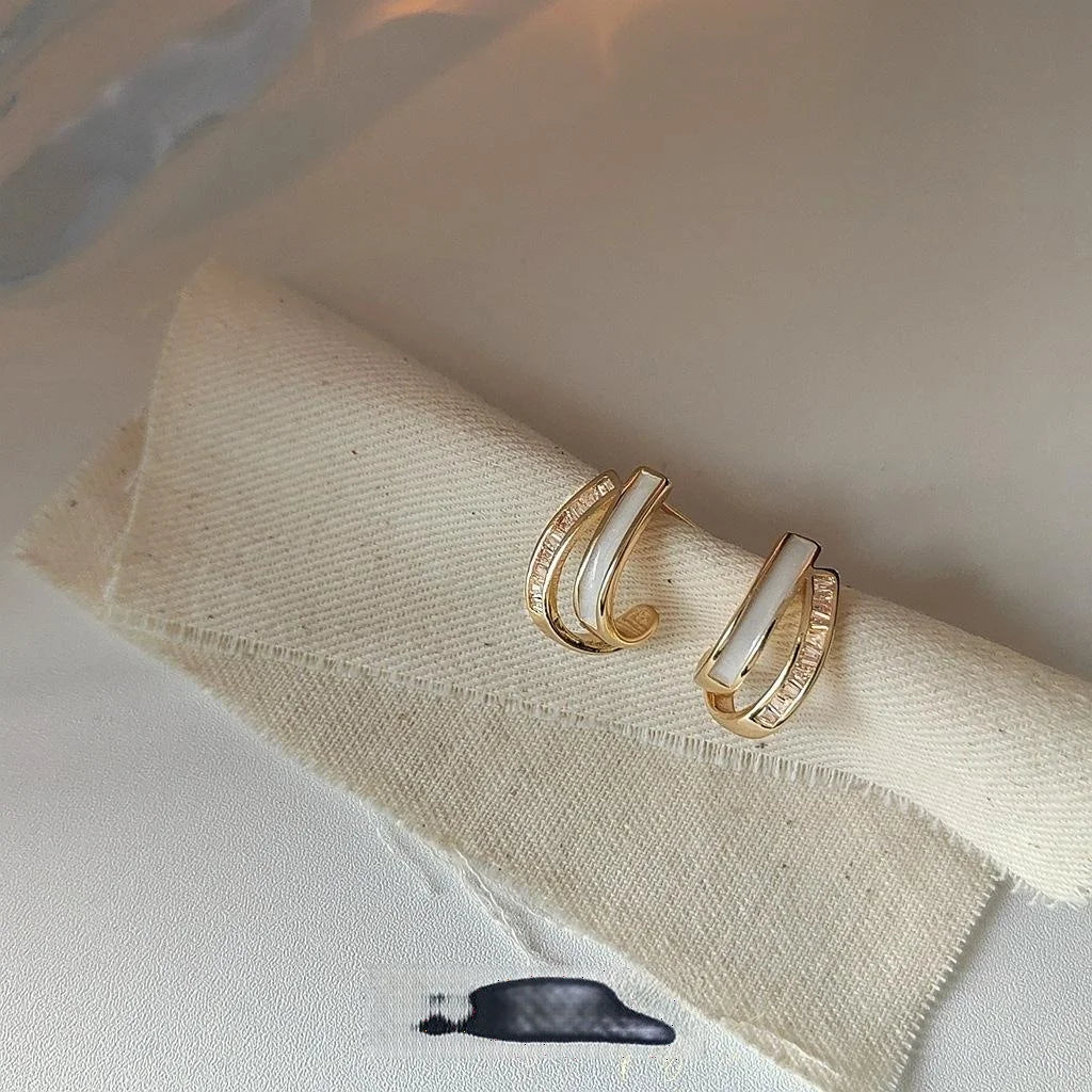 14K Plated Geometric Cross Zircon Stud Earrings Asymmetric Korean Style