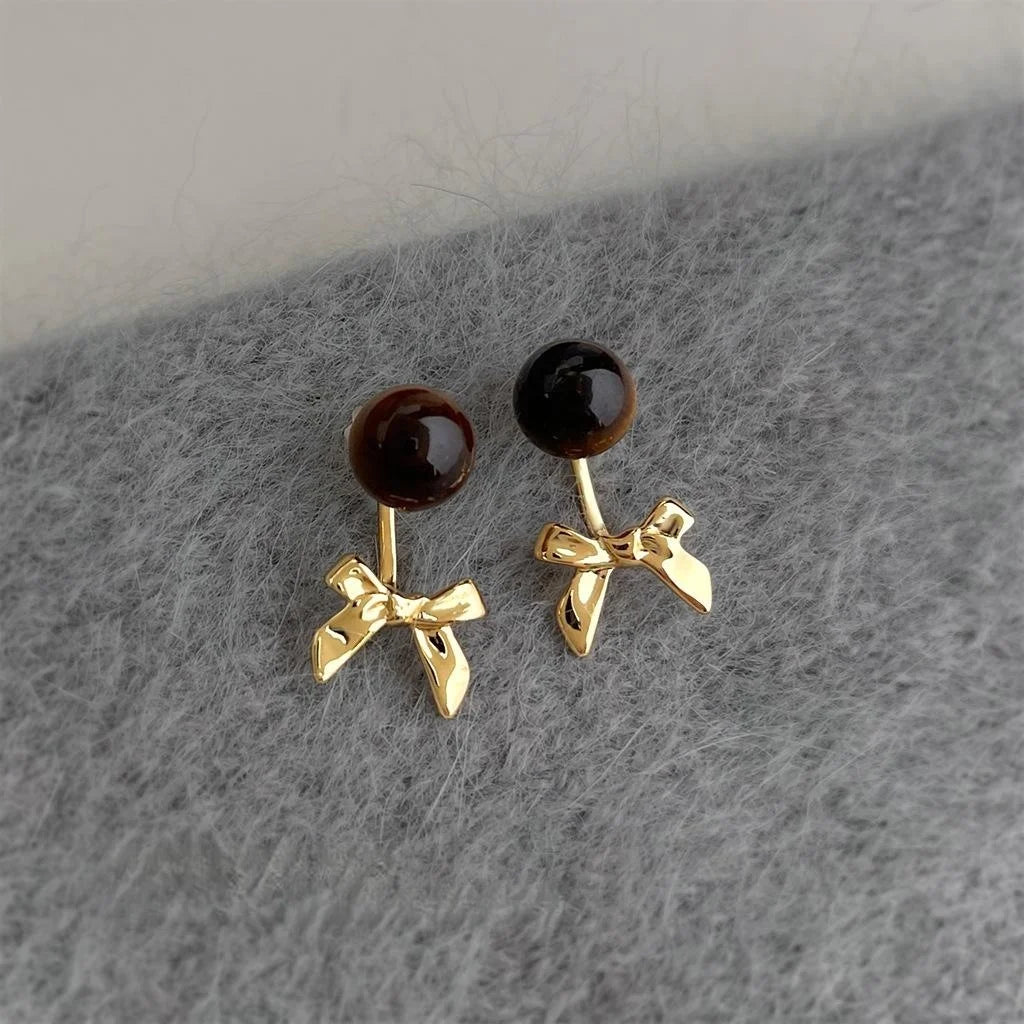 Two Way Maillard Style Natural Tiger Eye Bow Drop Earrings Copper Geometric Jewelry