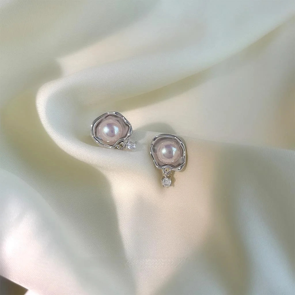 Irregular Geometric Synthetic Mabe Pearl Ruffle Zircon Stud Earrings Sweet Cool Copper Jewelry