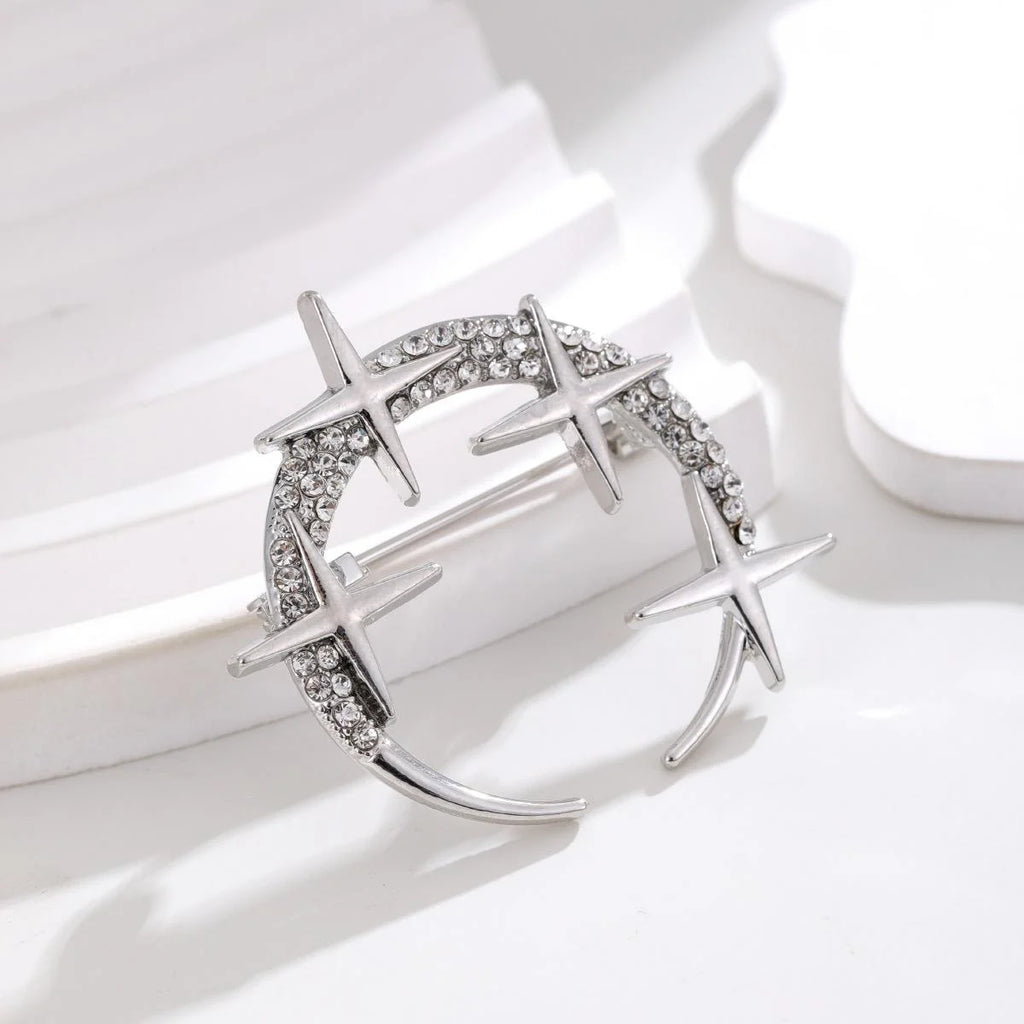 Elegant Rhinestone Crescent Moon And Star Alloy Brooch For Women, Sparkling Lapel Pin Corsage Gift