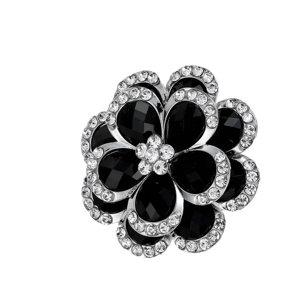 Elegant Black Flower Rhinestone Alloy Brooch, Sparkling Petal Lapel Pin Corsage For Women's Suit Accessory