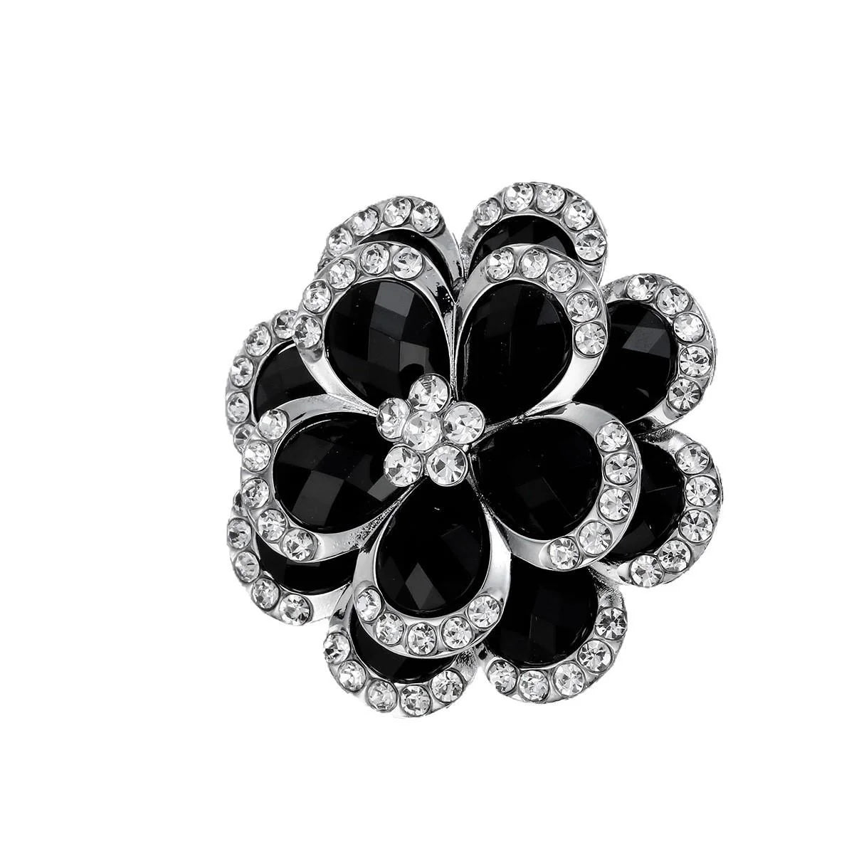 Elegant Black Flower Rhinestone Alloy Brooch, Sparkling Petal Lapel Pin Corsage For Women's Suit Accessory