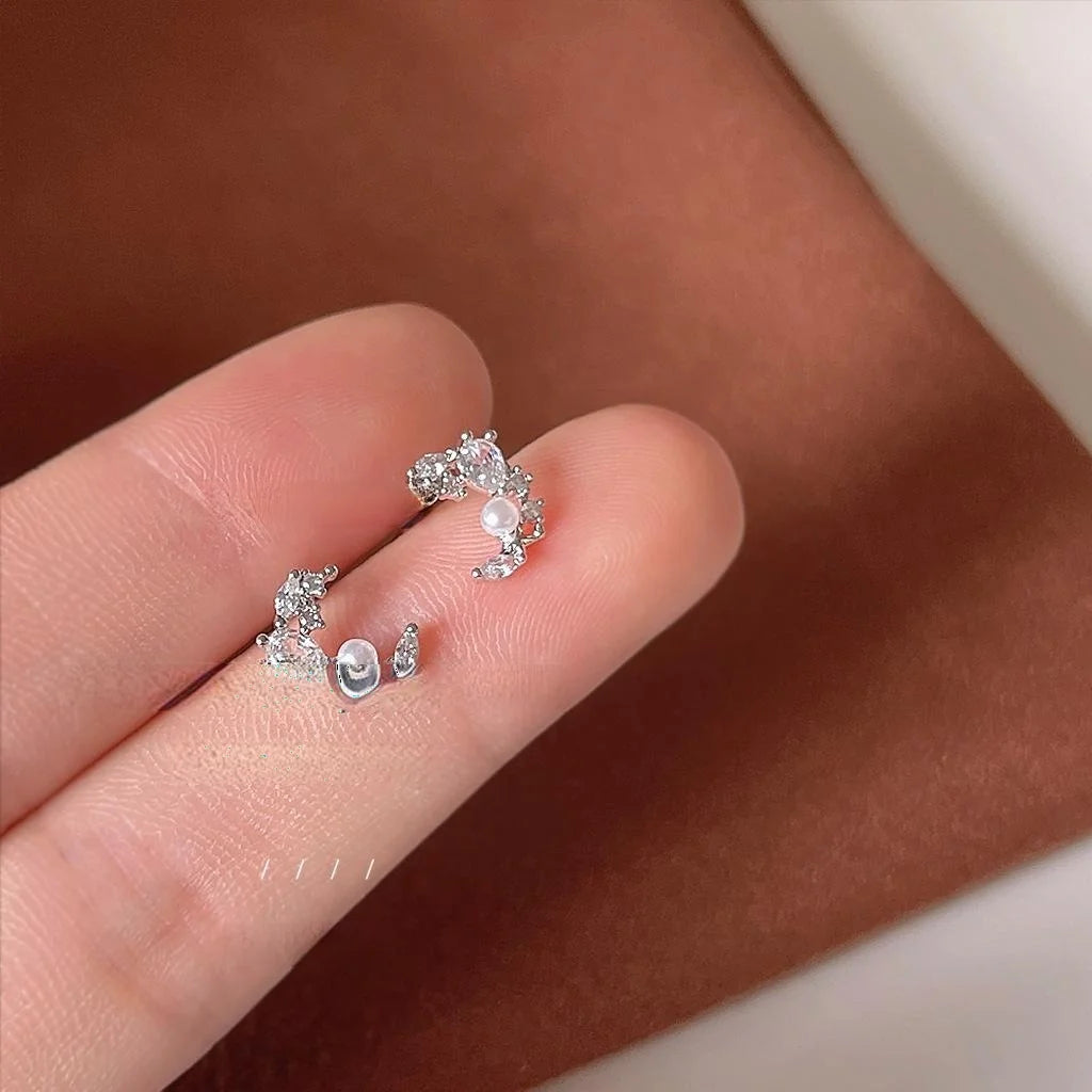 Sparkling Micro Pave Zircon Moon Stud Earrings, Silver Plated Copper Minimalist Jewelry