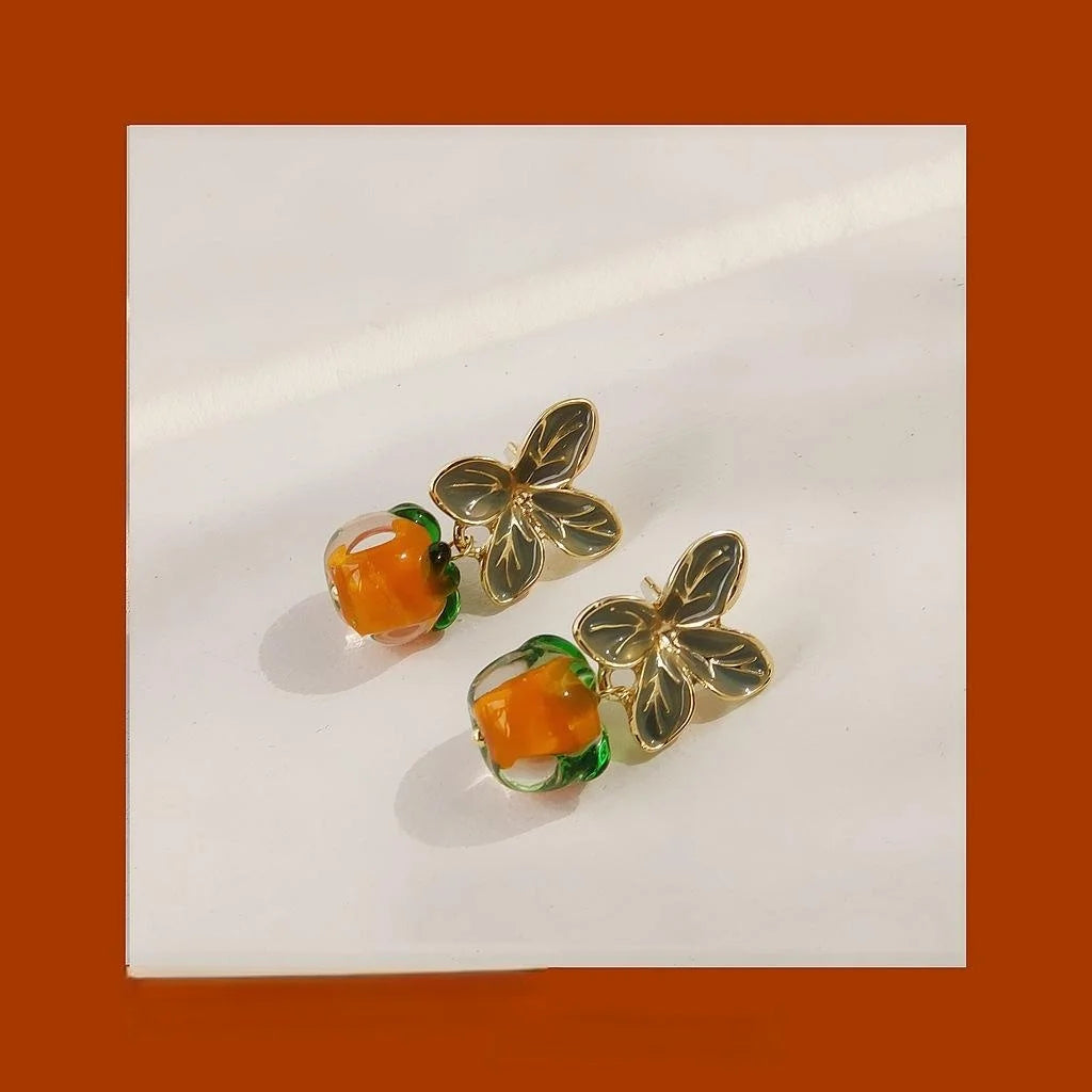 Vintage Japanese Glass Persimmon Drop Earrings 14K Gold Plated Fruit Jewelry