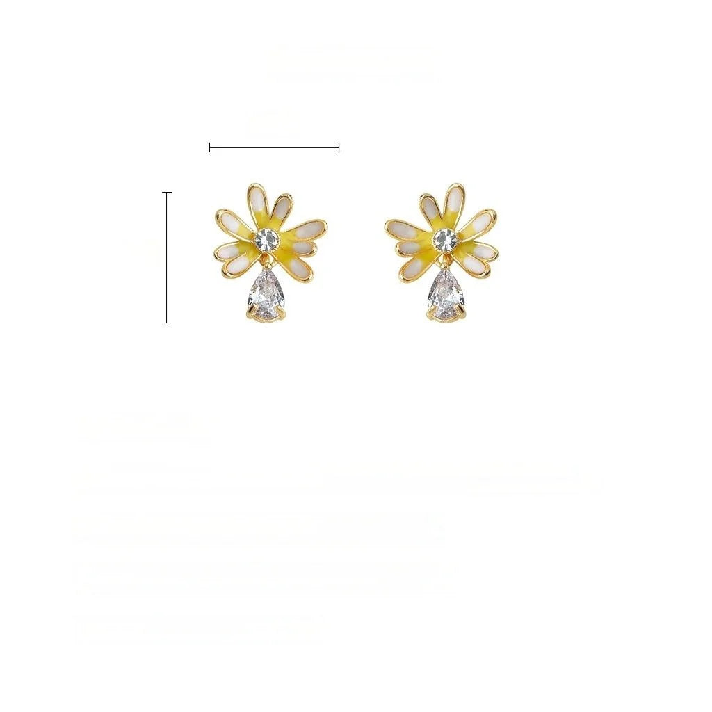 Sweet 14K Gold Plated Copper Yellow Daisy Enamel Zircon Stud Earrings