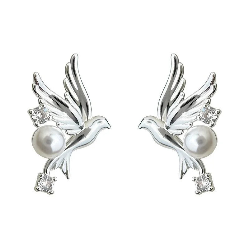 Original Bird Zircon Eco Copper Stud Earrings New Chinese Style Silver Plated Pin Jewelry