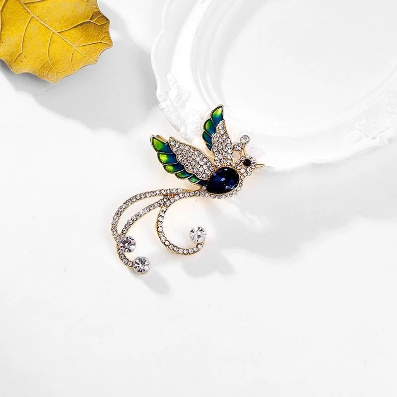Luxury Phoenix Bird Rhinestone Enamel Brooch, Blue Green Crystal Lapel Pin Corsage Suit Accessory Gift