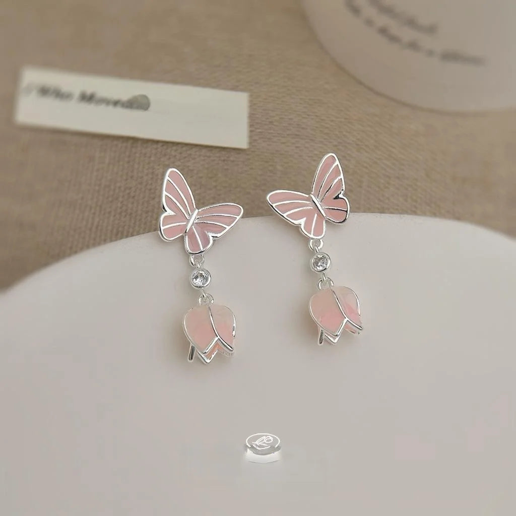 Sweet Pink Enamel Butterfly Flower Drop Earrings Eco Copper Silver Plated Pin Jewelry