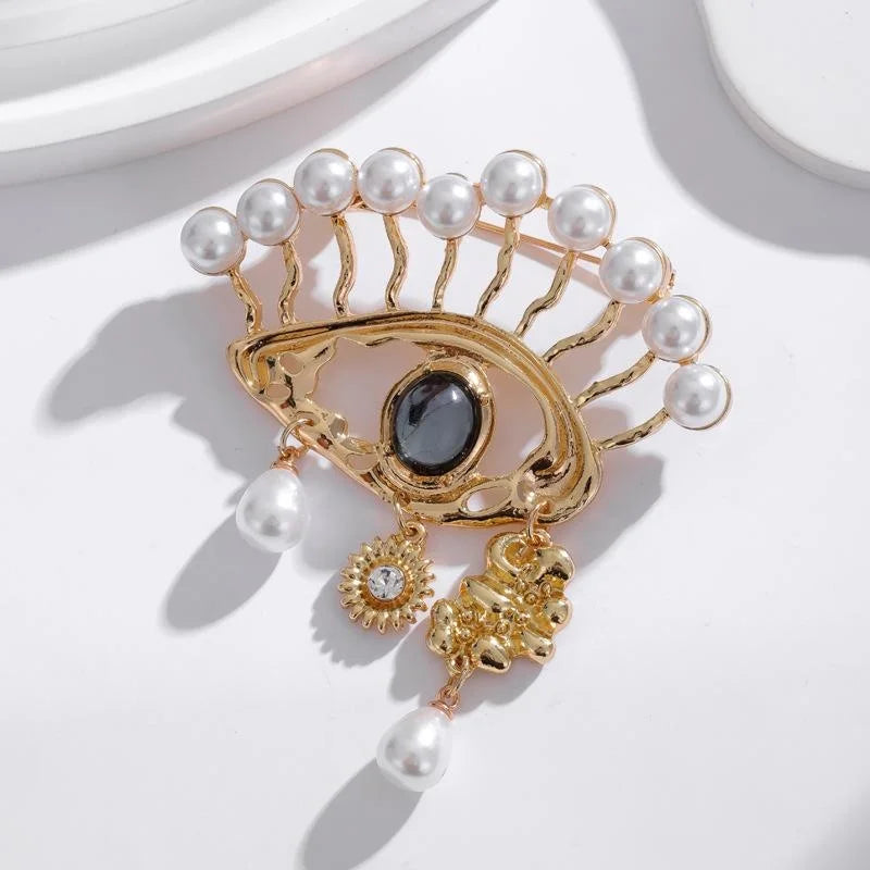 Luxury Evil Eye Pearl Rhinestone Tassel Brooch, Gold Alloy Statement Lapel Pin Suit Accessory Gift