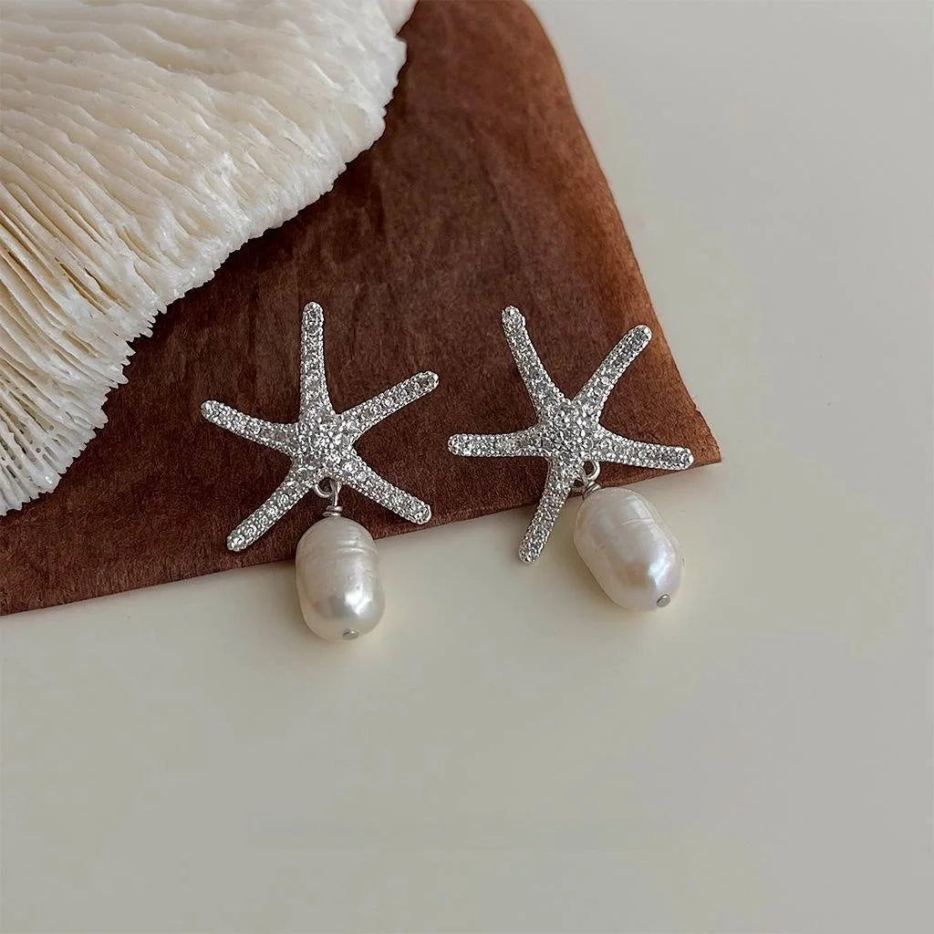 14K Gold Plated Copper Freshwater Pearl Zircon Starfish Drop Earrings Summer Vacation Style