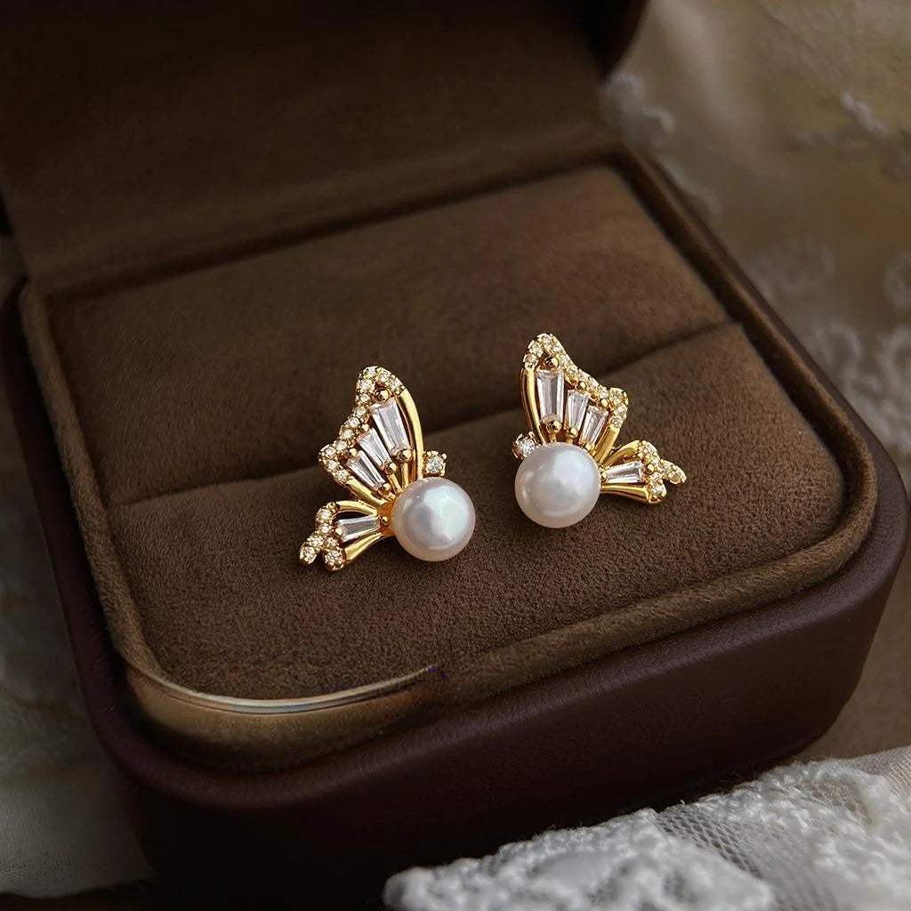 French Vintage Copper Freshwater Pearl Micro Pave Zircon Butterfly Stud Earrings