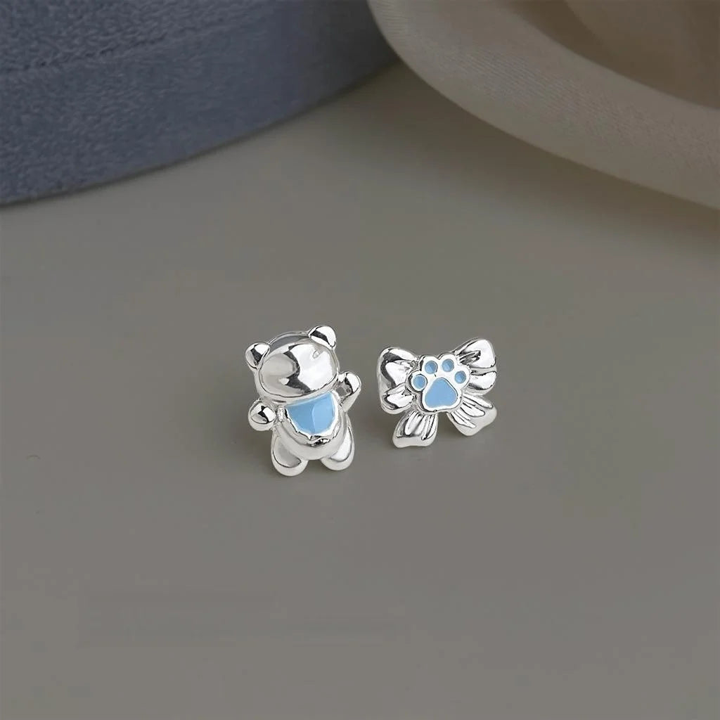 Cute Asymmetric Bear Bow Copper Enamel Stud Earrings
