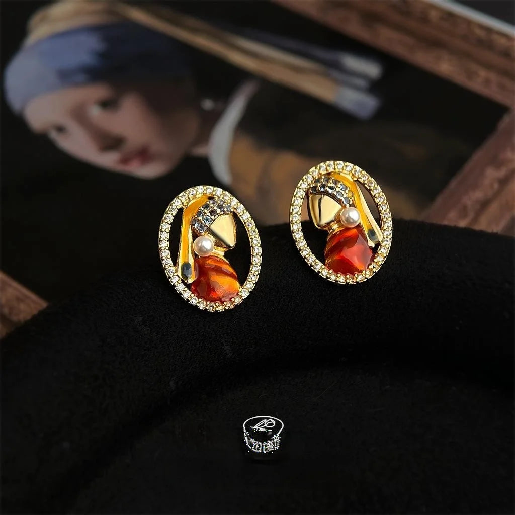 Maillard Style Pearl Girl Portrait Stud Earrings Copper Enamel Zircon