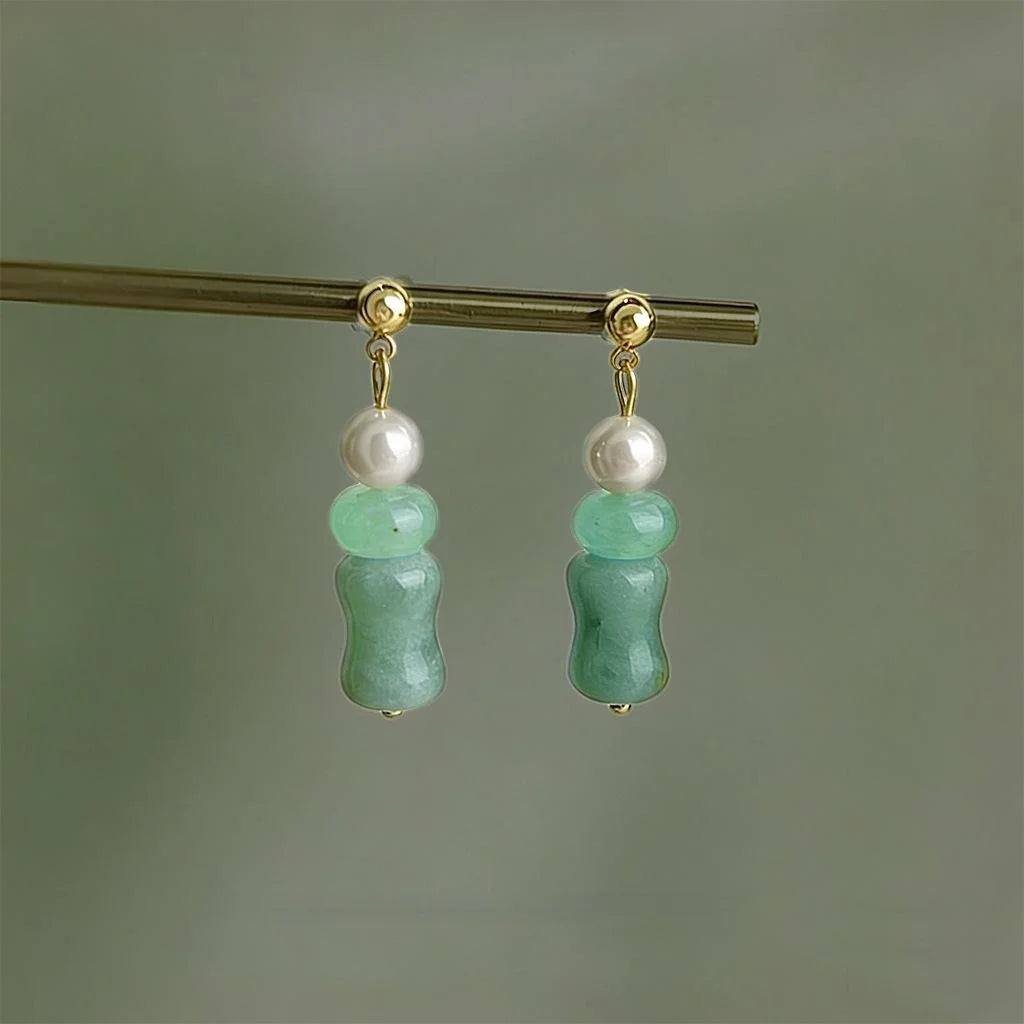 New Chinese Copper Green Jade Glass Bamboo Bead Stud Earrings Elegant Geometric Style