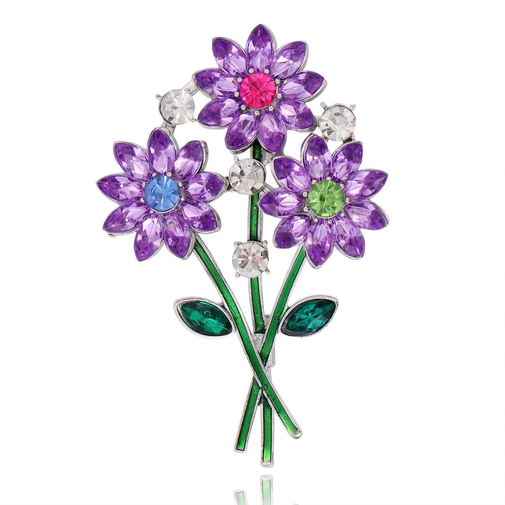 Elegant Rhinestone Daisy Bouquet Brooch With Enamel Stems, Luxury Floral Lapel Pin Suit Accessory Gift