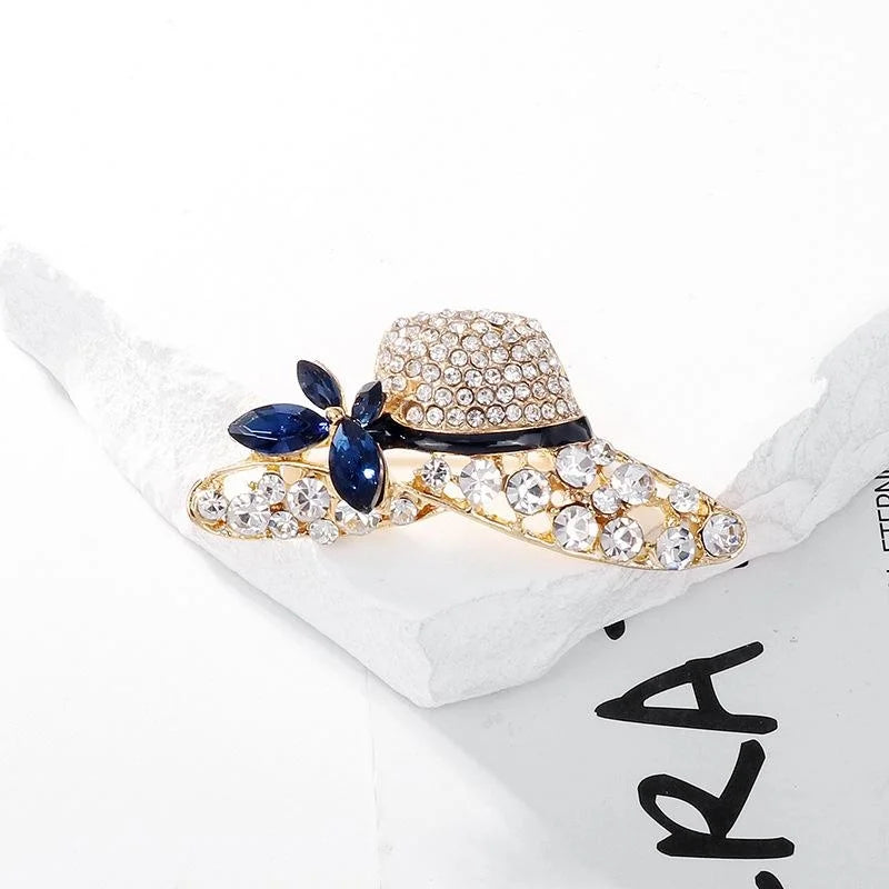 Elegant Rhinestone Wide Brim Hat Brooch With Blue Crystal Flower, Enamel Band Lapel Pin Corsage Gift