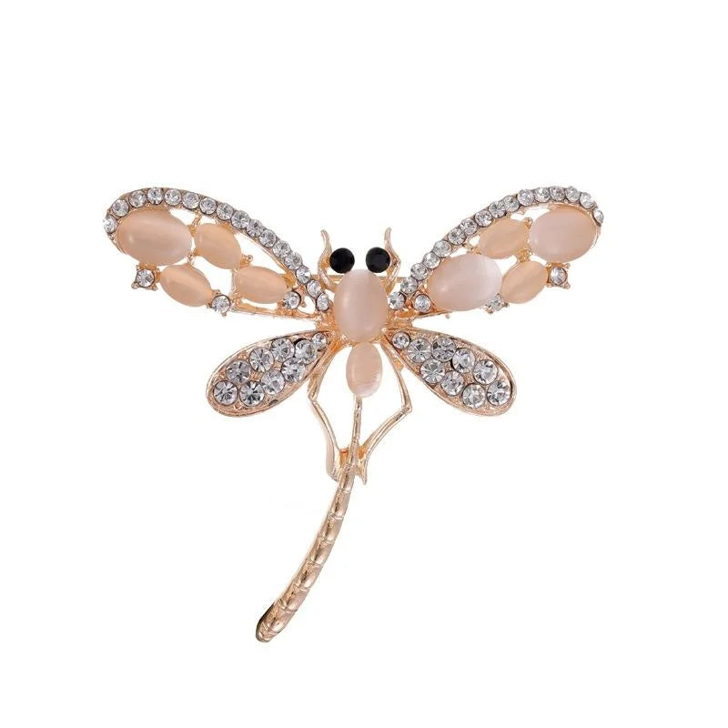 Elegant Rhinestone Dragonfly Brooch With Peach Stone Wings, Alloy Lapel Pin Corsage Suit Accessory