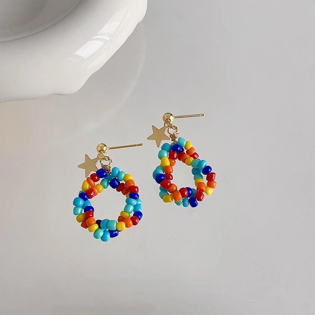 Handmade Colorful Seed Bead Tassel Drop Earrings Ethnic Geometric Vacation Jewelry