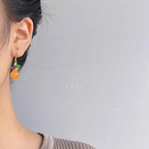 Sweet Pastoral Yellow Jade Flower Drop Earrings, Silver Plated Copper Handmade Jewelry