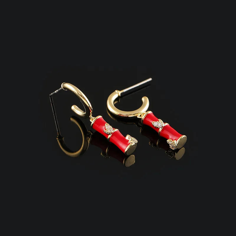 Elegant Red Enamel Bamboo Dangle Stud & Clip On No Piercing Alloy Zircon Oriental Earrings
