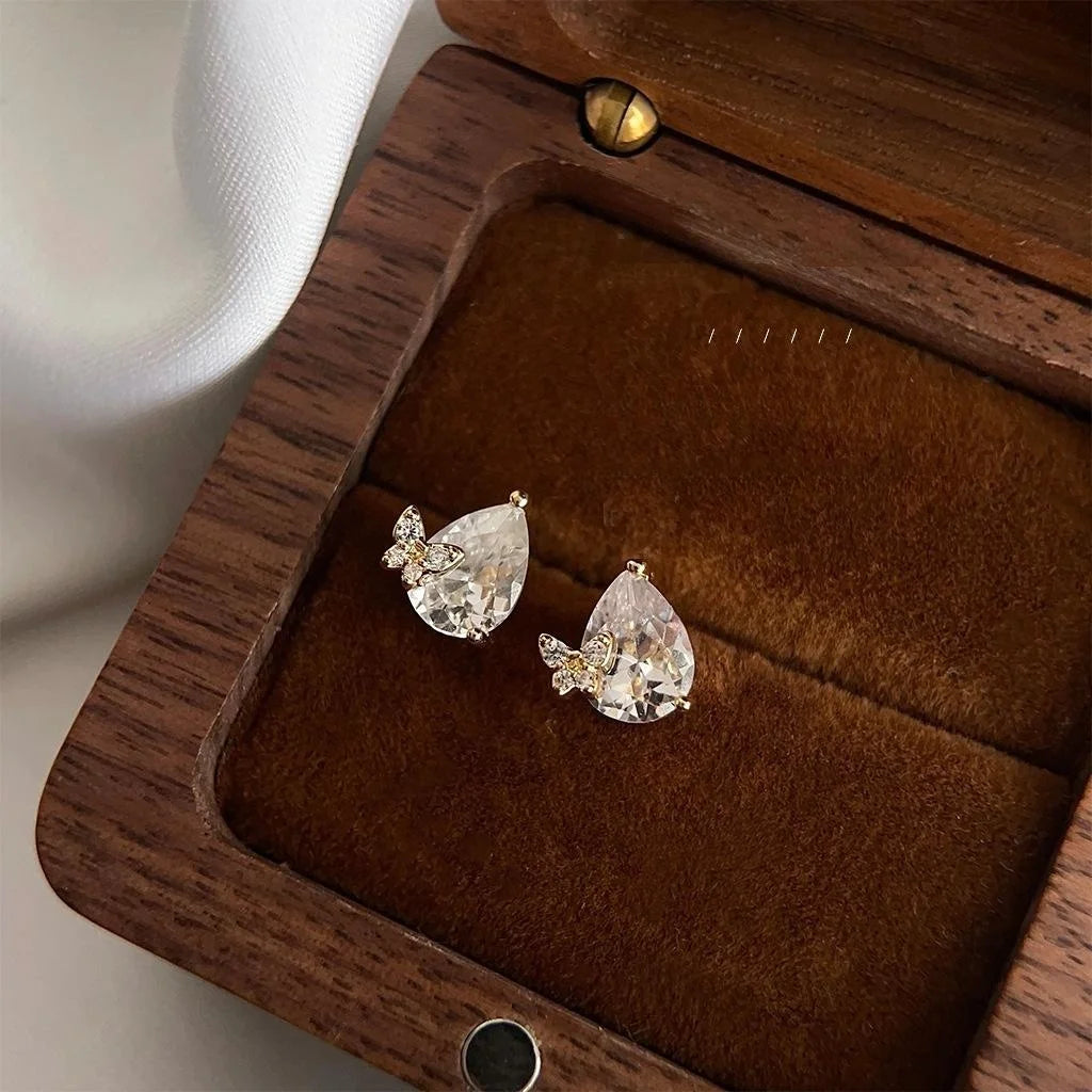 Sweet Butterfly Teardrop Zircon Copper Stud Earrings For Elegant Office Wear