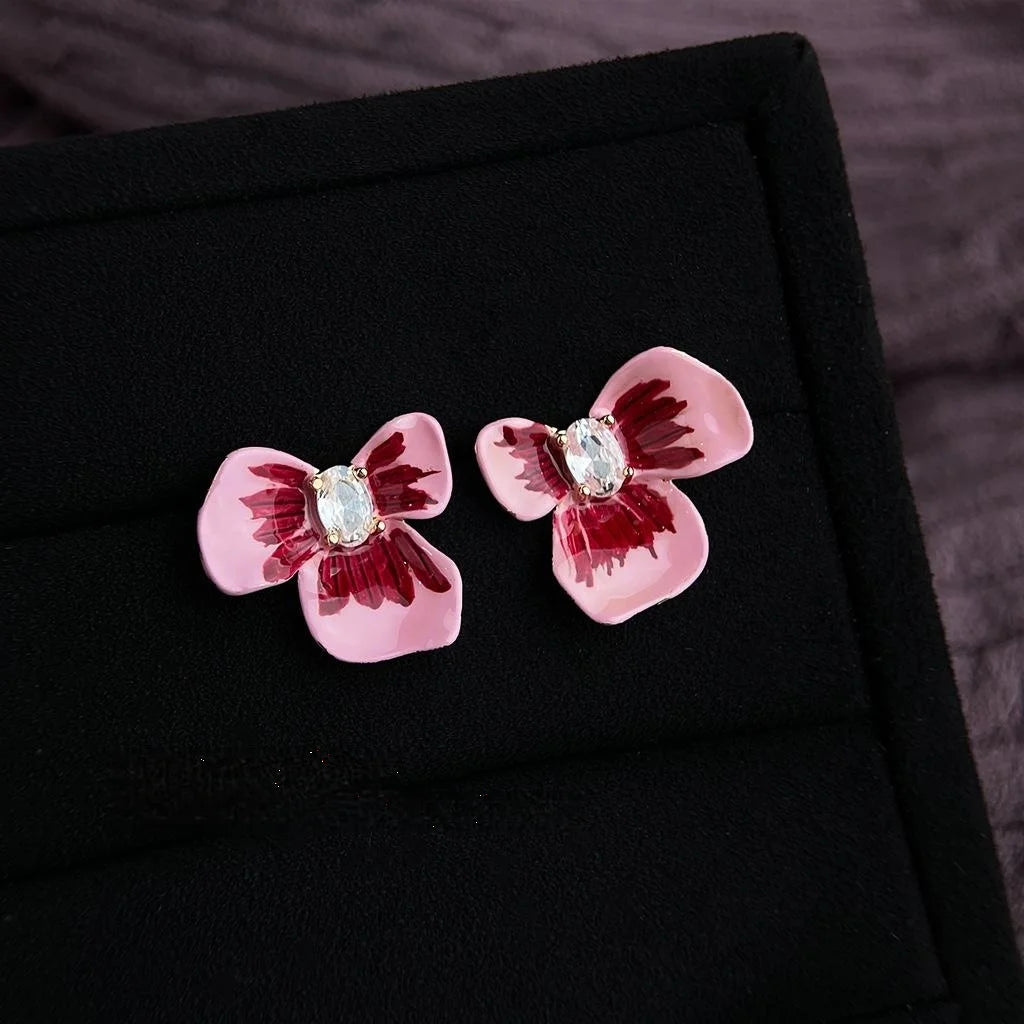 Sweet Enamel Painted Copper Iris Flower Drop Earrings With Zircon Three-Petal Floral Design