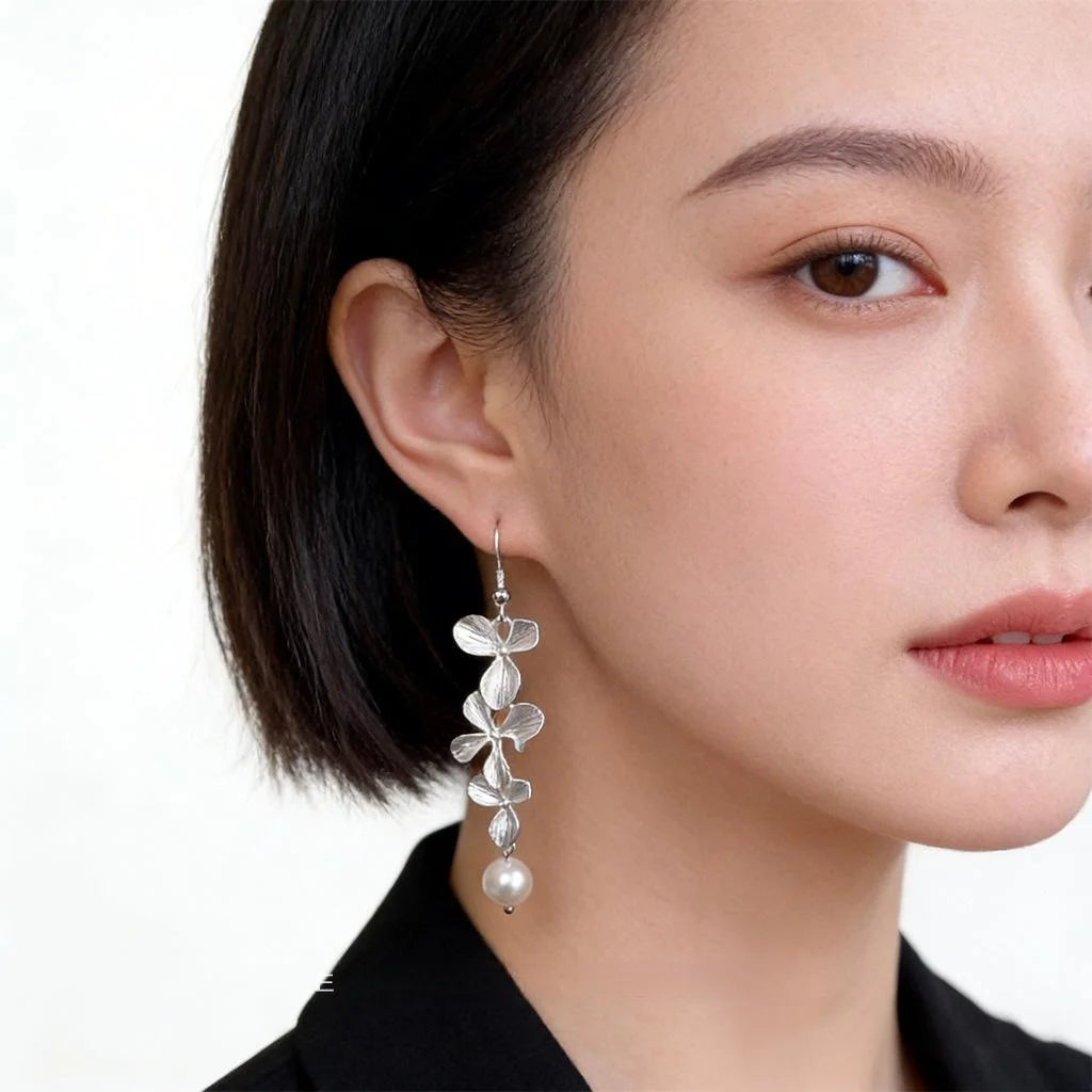 Vintage Silver Metal Flower Tassel Drop Earrings With Glass Pearl Petal Geometric Design